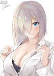  artist_name black_bra blue_eyes bra breasts cleavage collarbone collared_shirt dated hair_ornament hair_over_one_eye hairclip hamakaze_(kantai_collection) kantai_collection large_breasts long_sleeves looking_at_viewer mimamui open_clothes open_shirt shirt short_hair silver_hair simple_background smile solo twitter_username underwear upper_body white_background white_shirt 
