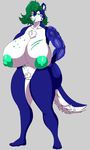  big_breasts big_butt bionic_arm blue_fur breasts butt canine chest_tuft denizen1414 fur green_hair hair huge_breasts huge_butt hyper hyper_breasts lipstick makeup mammal scar tagme tuft wolf 