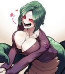  &lt;3 :d animal_humanoid big_breasts blush breasts cleavage clothed clothing empty_eyes fate/grand_order fate_(series) female green_hair green_scales hair humanoid lamia open_mouth red_sclera reptile scales scalie sharp_teeth shirt short_hair sidotama snake snake_humanoid solo teeth tongue 