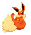  belly blush cute eeveelution feral flareon fluffy fluffy_tail fur legs_up male nintendo open_mouth orange_skin paws pink_paws pok&eacute;mon pok&eacute;mon_(species) purple_eyes simple_background solo thick_thighs video_games xmu 