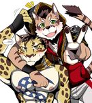  2017 abs anthro bearlovestiger13 clothing clouded_leopard collar feline fur hoodie leopard_cat likulau male male/male mammal nekojishi nipples shu-chi simple_background spots tattoo 