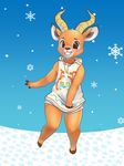  2017 ambiguous_gender animal_crossing antelope anthro beau_(animal_crossing) big_ears black_nose blue_background blush bottomless brown_eyes clothed clothing covering covering_crotch cute design front_view fur girly grin hoodie hooves horn looking_down lumi_(artist) mammal nintendo partially_clothed simple_background smile snow snowflake solo standing thick_thighs video_games wide_hips 