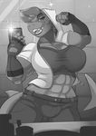  abs anthro breasts bulge clothed clothing dickgirl fish flexing intersex looking_at_viewer marine mirror monochrome muscular phone selfie shark smile solo vishka vurrus wide_hips 