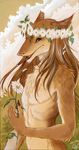  2015 chamomile claws cloud flower looking_at_viewer male nekoart nude open_mouth outside plant sergal simple_background smile solo wreath 