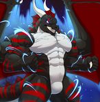  abs ambiguous_genitals amras_lelliath anthro biceps bioluminescence black_scales blue_eyes caindra claws dragon fin fist flexing glowing glowing_eyes growth hyper hyper_muscles male muscle_growth muscular muscular_male pecs red_scales scales showing_teeth solo standing thick_thighs vein white_scales wings 