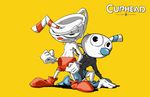  2017 animate_inanimate clothed clothing cracked cup cuphead_(character) cuphead_(game) duo english_text gloves humanoid looking_at_viewer male milk mugman not_furry object_head straw text thewyvernsweaver topless video_games 