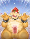  2017 anthro balls belly better_version_at_source big_belly blue_eyes blush bowser censor_bar censored claws clothing collar confetti cum cum_on_hand cum_on_self cum_on_stomach erection facial_hair green_scales horn humanoid_penis koopa male mario_bros mustache nintendo nipples nude open_mouth penis presenting reptile reuben_(artist) scales scalie shirt smile solo spiked_armlet spiked_collar spikes standing video_games yellow_scales 