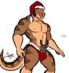  2014 anthro bgn briefs bulge cervine christmas clothing dinosaur facial_hair hat holidays male mammal moose muscular nipples pecs penis poking_out pose santa_hat scalie sideburns size_difference solo standing surprise theropod ty_(bgn) tyrannosaurus_rex underwear 