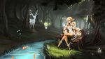  2017 anthro blonde_hair cervine clothed clothing day deer detailed_background digital_media_(artwork) female feral fish forest fruitbloodmilkshake grass group hair hooves lightning mammal marine outside purple_eyes sitting smile spirit tree water 