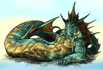  abs anthro biceps fin fringecore green_scales harag invalid_color lying male muscular naga nude pecs raitlinn reptile ring scales scalie simple_background sitting_up snake solo tentacles video_games warcraft yellow_scales 