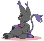  ambiguous_gender big_butt black_fur black_nose blackgatomon butt claws clothing digimon ear_tuft fangs feline female fur gloves iriedono long_tail mammal open_mouth pawpads paws solo tuft whiskers yellow_eyes 