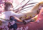  ajun backlighting brown_eyes brown_hair cherry_blossoms dutch_angle fate/grand_order fate_(series) floral_print flower highres holding holding_sword holding_weapon japanese_clothes kara_no_kyoukai katana kimono long_hair long_sleeves obi ryougi_shiki sash solo sword weapon wide_sleeves 