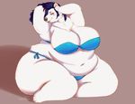  2017 arched_back arms_above_head bear bedroom_eyes belly big_belly big_breasts big_thighs bikini blush breasts chest_tuft cleavage clothed clothing female hair half-closed_eyes long_hair mammal muttninja navel obese overweight polar_bear seductive simple_background skimpy smile solo swimsuit thick_thighs tuft 