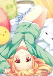  absurdres artist_name bed blonde_hair collarbone from_above from_behind highres indoors long_hair looking_at_viewer lying natsume_eri on_back original pillow red_eyes short_shorts shorts smile solo striped striped_legwear sweater white_shorts 