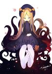  abigail_williams_(fate/grand_order) absurdres artist_name black_dress blonde_hair blue_eyes bow commentary dated dress fate/grand_order fate_(series) feet hair_bow hand_to_own_mouth hat hat_bow highres long_hair looking_at_viewer no_shoes pantyhose signature sleeveless sleeves_past_fingers sleeves_past_wrists smile soles solo stuffed_animal stuffed_toy teddy_bear toes tsubasa_tsubasa very_long_hair white_legwear 