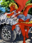  anthro belly_scales big_butt breasts butt butt_pose car car_wash dbd dragon female horn looking_at_viewer looking_back nipple_bulge rear_view red_body scales scalie smile solo thick_thighs under_boob vehicle wet_clothing wings 