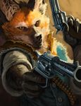  2015 anthro bandolier bullet_belt canine chichapi clothed clothing digital_media_(artwork) fully_clothed fur gun handgun holding_object holding_weapon looking_at_viewer mammal maned_wolf orange_fur portrait ranged_weapon revolver solo vest weapon yellow_eyes 
