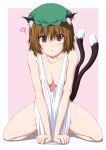  1girl ? animal_ear_fluff animal_ears bangs bare_arms bare_legs bare_shoulders barefoot blush border breasts breasts_apart brown_eyes brown_hair cat_ears cat_tail chen collarbone commentary eyebrows_visible_through_hair full_body green_hat hat highres jewelry looking_at_viewer mob_cap multiple_tails no_bra nori_tamago pink_background shiny shiny_skin short_hair single_earring small_breasts solo squatting tail tank_top toes touhou two_tails v_arms white_border white_tank_top 
