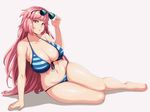  arm_support bangs bikini breasts collarbone commentary full_body girls_frontline groin halter_top halterneck highres jmg large_breasts long_hair looking_at_viewer navel ntw-20_(girls_frontline) parted_lips pink_eyes pink_hair sitting solo stomach striped striped_bikini sunglasses swimsuit very_long_hair 
