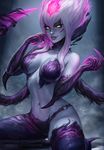  blade blue_skin breasts claws dated deviantart_username evelynn fiery_hair hair_between_eyes hand_on_own_cheek highres large_breasts league_of_legends looking_at_viewer navel parted_lips patreon_username pink_lips purple_legwear realistic sciamano240 short_hair_with_long_locks signature sitting slit_pupils smile solo thighhighs white_hair yellow_eyes 