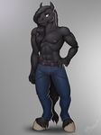  2017 anthro black_fur digital_media_(artwork) equine fur horse male mammal muscular nipples reaper3d simple_background smile solo 