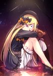  abigail_williams_(fate/grand_order) bangs black_bow black_dress black_footwear black_hat blonde_hair bloomers bow bug butterfly closed_mouth dress fate/grand_order fate_(series) glowing glowing_eyes hair_bow hat head_tilt holding holding_stuffed_animal insect keyhole long_hair long_sleeves looking_at_viewer looking_to_the_side md5_mismatch orange_bow parted_bangs polka_dot polka_dot_bow purple_eyes reflection shoes sitting sleeves_past_wrists smile solo stuffed_animal stuffed_toy teddy_bear underwear very_long_hair white_bloomers yan_(nicknikg) 