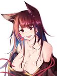  absurdres akagi_(azur_lane) animal_ears azur_lane black_hair breasts cleavage commentary fox_ears hair_tubes highres japanese_clothes large_breasts long_hair looking_at_viewer motty off_shoulder open_mouth red_eyes solo 