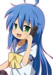  :3 :d bangs blue_hair blue_sailor_collar blush bow bowtie cellphone controller eyebrows_visible_through_hair flip_phone game_controller green_eyes hair_between_eyes holding holding_cellphone holding_phone izumi_konata long_hair looking_to_the_side lucky_star mole mole_under_eye nekono_rin open_mouth outline phone pink_outline ryouou_school_uniform sailor_collar school_uniform serafuku short_sleeves simple_background smile solo talking_on_phone very_long_hair white_background yellow_neckwear 