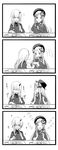  abigail_williams_(fate/grand_order) absurdres alternate_hairstyle bacon bangs blush bow braid comic cup dot_nose dress eating fate/grand_order fate_(series) flying_sweatdrops food fork fried_egg greyscale hair_bow hat highres holding holding_fork holding_knife horn knife lavinia_whateley_(fate/grand_order) long_hair looking_at_another mizuo_(5167236) monochrome multiple_girls open_mouth plate ribbed_dress silent_comic single_braid sleeves_past_wrists sleeves_rolled_up sweat white_background 