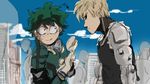  2boys black_sclera blonde_hair blue_sky boku_no_hero_academia crossover crowd cyborg day freckles genos gloves green_hair imamuu_(imamoon) male_focus midoriya_izuku multiple_boys one-punch_man outdoors sky 