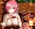  alternate_costume breast_rest breasts candle casual cellphone cleavage cleavage_cutout closed_mouth colored_eyelashes cup drink drinking_glass drinking_straw eyebrows_visible_through_hair fate/grand_order fate_(series) food fruit glint hair_over_one_eye holding holding_cup ice ice_cube iced_tea indoors large_breasts lips long_sleeves looking_at_viewer mash_kyrielight pancake phone pink_hair plate purple_eyes short_hair smartphone smile solo steam strawberry table tea teacup translation_request upper_body yuzuri_ai 