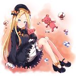  abigail_williams_(fate/grand_order) bad_id bad_pixiv_id bangs black_bow black_dress black_footwear black_hat blonde_hair bloomers blue_eyes blush bow bug butterfly commentary_request dress fate/grand_order fate_(series) full_body hat highres holding holding_stuffed_animal insect konka long_hair long_sleeves looking_at_viewer orange_bow parted_bangs parted_lips polka_dot polka_dot_bow revision shoes sitting sleeves_past_fingers sleeves_past_wrists solo stuffed_animal stuffed_toy teddy_bear underwear very_long_hair water_drop white_bloomers 