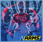  android arms_(game) blue_border border commentary_request cowboy_shot debris glowing glowing_eyes highres ishikawa_masaaki logo male_focus no_humans official_art springtron 