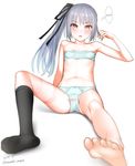  10s 1girl barefoot black_legwear blue_panties blurry brown_eyes dated depth_of_field feet flat_chest grey_hair hard_translated kantai_collection kanzaki_muyu kasumi_(kantai_collection) kneehighs long_hair no_shoes open_mouth panties shadow side_ponytail simple_background single_kneehigh single_sock socks soles solo toes translated twitter_username underwear white_background 