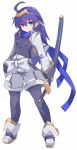  1girl ahoge black_legwear blue_hair full_body green_eyes hair_between_eyes karukan_(monjya) kenshin_(shinrabanshou) long_hair looking_at_viewer pantyhose pantyhose_under_shorts pointy_ears scarf sheath sheathed shinrabanshou shorts simple_background solo standing sword weapon white_background 