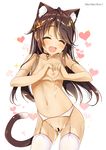  :d animal_ears bar_censor breasts brown_hair cat_ears cat_tail censored choker closed_eyes cum cum_on_body cum_on_lower_body facing_viewer fang garter_belt hair_ornament heart heart-shaped_boob_challenge heart_hands long_hair nipples nude open_mouth original simple_background small_breasts smile solo tail thighhighs white_background white_legwear yanagi_yuu you're_doing_it_wrong 