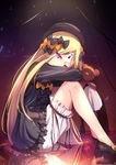  abigail_williams_(fate/grand_order) bangs black_bow black_dress black_footwear black_hat blonde_hair bloomers bow bug butterfly closed_mouth commentary_request dress fate/grand_order fate_(series) glowing glowing_eyes hair_bow hat head_tilt holding holding_stuffed_animal insect keyhole long_hair long_sleeves looking_at_viewer looking_to_the_side orange_bow parted_bangs polka_dot polka_dot_bow purple_eyes reflection revision shoes sitting sleeves_past_wrists smile solo stuffed_animal stuffed_toy teddy_bear underwear very_long_hair white_bloomers yan_(nicknikg) 