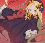  abigail_williams_(fate/grand_order) bangs black_bow black_dress black_hat blonde_hair bloomers blue_eyes blurry blurry_foreground blush bow bug butterfly commentary_request covered_mouth depth_of_field dress fate/grand_order fate_(series) hair_bow hat insect long_hair long_sleeves looking_at_viewer noose orange_bow parted_bangs polka_dot polka_dot_bow red_background rope signature sleeves_past_wrists solo underwear very_long_hair white_bloomers xiao_chichi 