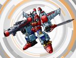  80s armor autobot blue_eyes cannon clenched_hand commentary_request fighting_stance full_body gun holding huge_weapon insignia looking_at_viewer mechanical_wings no_humans oldschool shimizu_shauta solo star_saber_(transformers) sword transformers transformers_victory weapon wings 