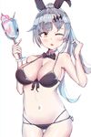  absurdres armpit_peek ass_visible_through_thighs bangs bare_arms bare_legs bare_shoulders bikini black_ribbon black_swimsuit blush bow bowtie breasts choker cleavage collarbone commentary_request cup drinking_glass drinking_straw five-seven_(girls_frontline) food front-tie_bikini front-tie_top girls_frontline hair_ornament hair_ribbon hairclip hand_up highres holding holding_cup ice_cream large_breasts long_hair looking_at_viewer lowleg lowleg_bikini navel one_eye_closed parfait ponytail ribbon side-tie_bikini silver_hair solo spam_(spamham4506) stomach swimsuit thighs very_long_hair white_background 