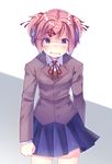  angry bangs blue_skirt blush breasts clenched_hands clenched_teeth collared_shirt commentary cowboy_shot crying crying_with_eyes_open doki_doki_literature_club english_commentary eyebrows_visible_through_hair grey_background grey_jacket hair_ornament hair_ribbon hairclip jacket long_sleeves looking_at_viewer miniskirt natsuki_(doki_doki_literature_club) neck_ribbon numbers_(boars) open_mouth orange_sweater pink_eyes pink_hair pleated_skirt red_neckwear red_ribbon ribbon school_uniform shirt short_hair simple_background skirt small_breasts solo standing sweater tears teeth two_side_up walking white_background white_shirt wing_collar x_hair_ornament 