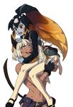  animal_ears apron aqua_eyes bangs belt_pouch blue_skin blunt_bangs blush cat_ears cat_tail crop_top dark_skin fangs fingernails fish_girl ganno hair_ornament head_fins highres lifting_person minette_(skullgirls) monster_girl ms._fortune_(skullgirls) multiple_girls pink_eyes pouch sharp_fingernails shell shell_hair_ornament short_hair silver_hair sitting_on_shoulder skullgirls slit_pupils tail thighhighs waitress yellow_sclera 