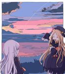  abigail_williams_(fate/grand_order) black_bow black_dress black_hat blonde_hair blush bow cloud commentary_request dress fate/grand_order fate_(series) hair_bow hat highres holding holding_stuffed_animal lavinia_whateley_(fate/grand_order) long_hair long_sleeves looking_at_another mizuo_(5167236) multiple_girls no_nose open_mouth orange_bow pointing ribbed_dress sleeves_past_wrists stuffed_animal stuffed_toy teddy_bear very_long_hair whale white_hair 