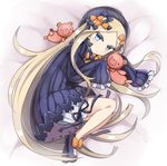  abigail_williams_(fate/grand_order) bed_sheet black_bow black_dress black_footwear black_hat blonde_hair bloomers blue_eyes blush bow bug butterfly closed_mouth dress fate/grand_order fate_(series) full_body hat insect long_hair long_sleeves looking_at_viewer looking_to_the_side lying mary_janes ohitashi_netsurou on_side orange_bow polka_dot polka_dot_bow shoes sleeves_past_wrists solo stuffed_animal stuffed_toy teddy_bear underwear very_long_hair white_bloomers 