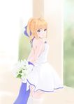  2017 absurdres ahoge arms_behind_back artoria_pendragon_(all) backless_dress backless_outfit blonde_hair blue_eyes blue_ribbon bouquet dated dress fate_(series) flower gloves highres lace lace-trimmed_thighhighs lily_(flower) lips long_hair looking_at_viewer ribbon saber saber_lily smile solo thighhighs white_gloves zaozao_rua 