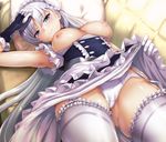  apron arm_up armpits ass_visible_through_thighs azur_lane belfast_(azur_lane) black_gloves blue_eyes blush braid breasts breasts_outside cameltoe cleavage closed_mouth corset couch cowboy_shot dress dress_lift elbow_gloves foreshortening french_braid frilled_apron frilled_sleeves frills garter_belt gloves hand_on_forehead head_tilt highres ipuu_(el-ane_koubou) large_breasts leg_garter lifted_by_self long_hair looking_at_viewer lying maid_headdress nipples on_back on_couch panties pillow short_sleeves silver_hair smile solo thighhighs thighs tsurime underwear waist_apron white_apron white_legwear white_panties 