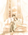  1girl barefoot black_pants brown_hair brown_sky chiaki_shin'ichi closed_eyes couch curtains facing_viewer hand_on_head hetero matsurica noda_megumi nodame_cantabile open_window pants parted_lips pillow sitting skirt white_skirt window 