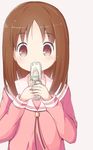  azumanga_daiou bangs brown_eyes brown_hair cellphone covering_mouth eyebrows_visible_through_hair flip_phone holding holding_cellphone holding_phone kasuga_ayumu long_hair long_sleeves looking_at_viewer nekono_rin phone pink_background pink_skirt sailor_collar school_uniform serafuku simple_background skirt solo white_sailor_collar 