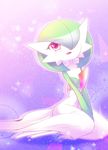  1girl between_legs breasts drop_shadow female full_body gardevoir green_hair hair_over_one_eye hand_between_legs hands_together happy heart heart-shaped_pupils looking_at_viewer no_humans open_mouth pokemon pokemon_(creature) pokemon_rse purple_background red_eyes shiratsuki short_hair simple_background sitting small_breasts smile solo sparkle symbol-shaped_pupils v_arms 