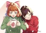 black_hair blue_eyes blush bow closed_eyes cup freckles hair_bow half-closed_eyes head_on_shoulder highres jewelry lulu-chan92 multiple_girls orange_hair penny_polendina pink_bow ring ruby_rose rwby short_hair smile sweater turtleneck turtleneck_sweater winter_clothes 